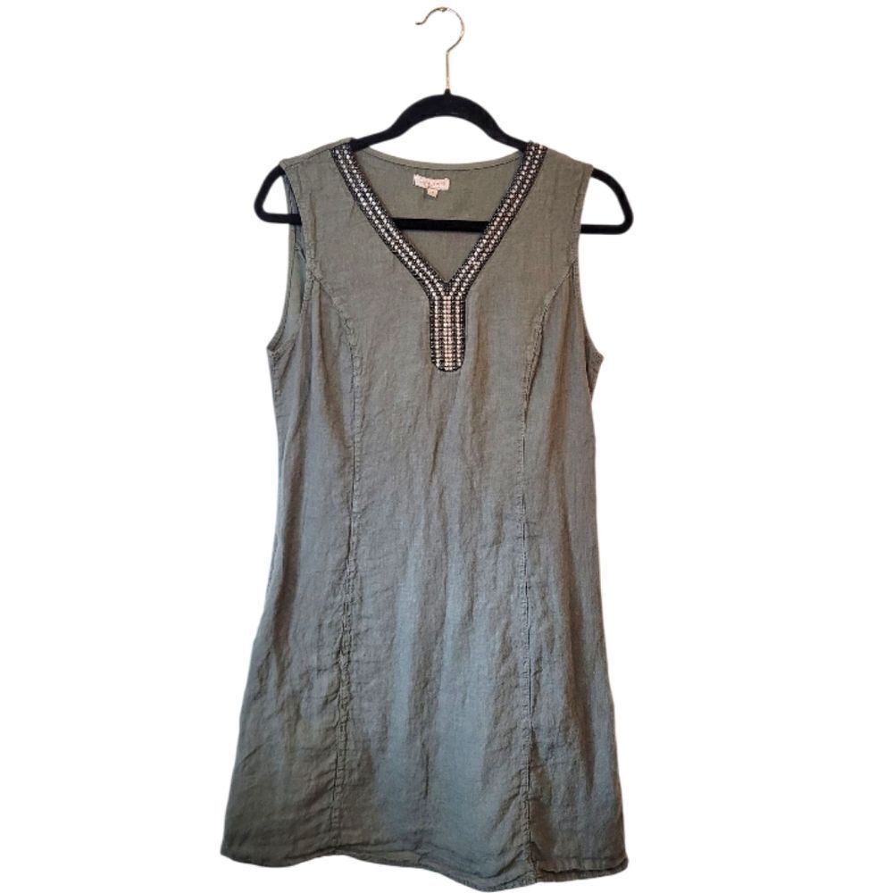 Lina Tomei Women's Olive Green 100% Linen Rhinestone Neckline Size M